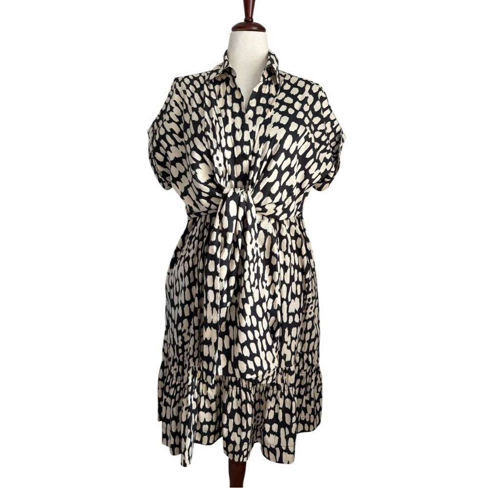 Black Label by Chico’s Animal Print Tie Front Shirt Dress L Black Ivory Midi